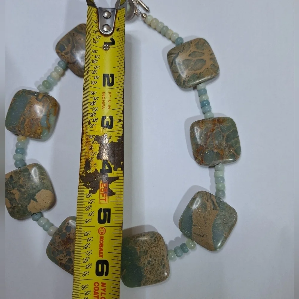 Teal Beaded Square Stone Marble Style Statement Costume Jewelry Necklace - Picture 9 of 11